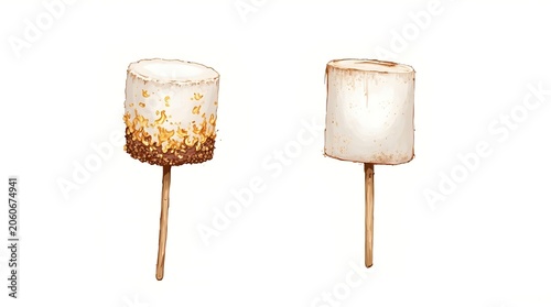 Two Toasted Marshmallow Pops with Chocolate Crumb Coating on White Background