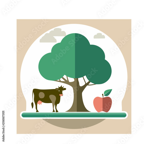 Flat design illustration of tree cow and apple in farm scene