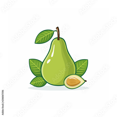 Green pear with leaves and slice illustration