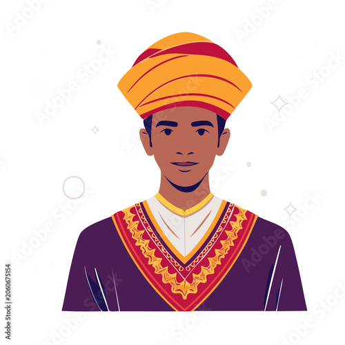 Man in traditional yellow and red turban and purple robe