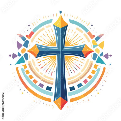 Modern Christian Cross with Geometric Sunburst Pattern