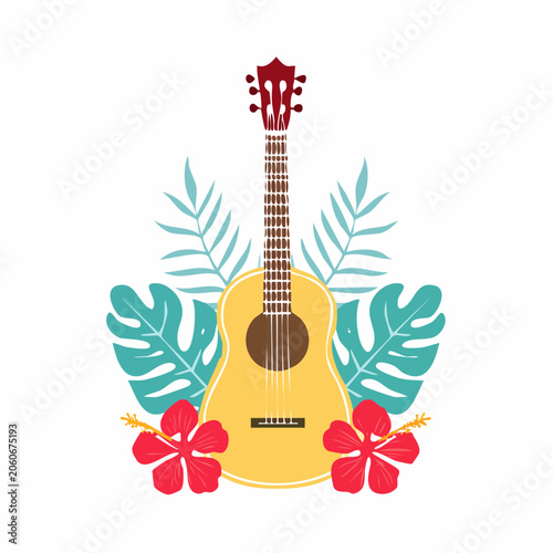 Ukulele with Tropical Leaves and Hibiscus Flowers