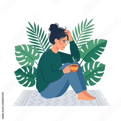 Fotografie Woman sitting on rug holding cup looking sad.
