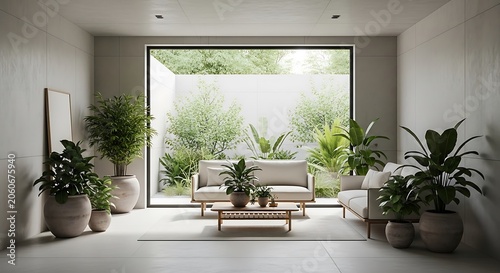 Modern minimalist living room with large window view of lush garden and indoor plants