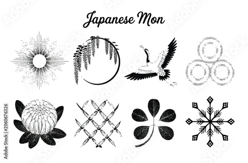 Japanese Mon symbols and crests on white background with floral patterns