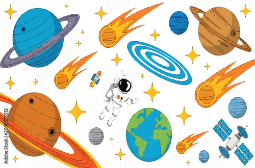 Astronaut explores planets, stars, and spaceships in a cosmic scene with Untitled-7