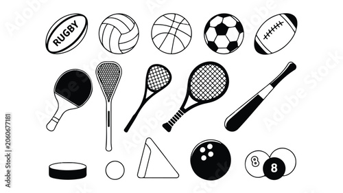 Various sports equipment icons arranged in a single row vector illustration