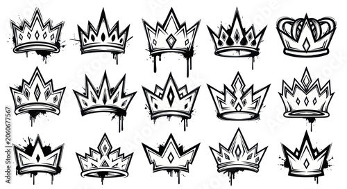 Foto Collection of graffiti style crowns with dripping paint effect.