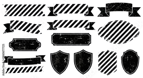 Foto Collection of Grunge Ribbons and Shields with Diagonal Stripes.