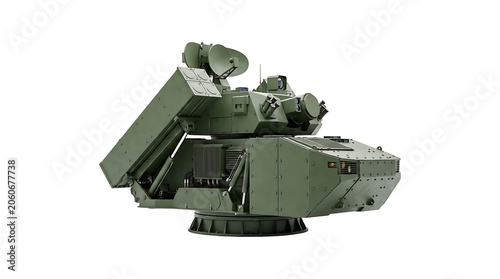 Modern military remote weapon station with missile launcher and radar system, armored combat turret for vehicle integration, isolated on transparent background