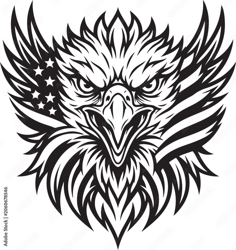 Fototapeta premium Black eagle head with feathered detail and star pattern