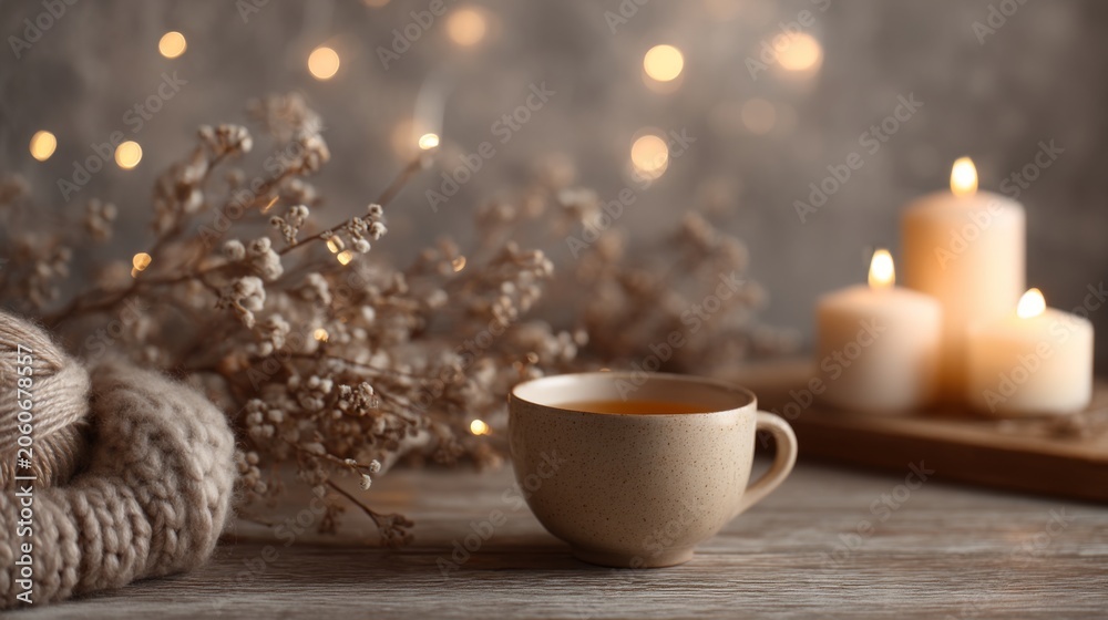 Fototapeta premium Cozy winter scene with a warm cup of tea, decorative candles, and soft textures creating an inviting atmosphere for relaxation and comfort at home