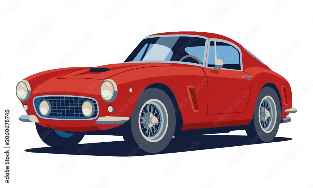 Obraz premium A sleek red classic vintage sports car illustrated in a clean, retro style against a white background.