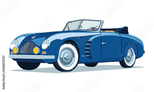 Obraz na plátne A stylized vector illustration of a vintage blue convertible sports car with classic whitewall tires, an open top, and a retro chrome grille, isolated on a white background