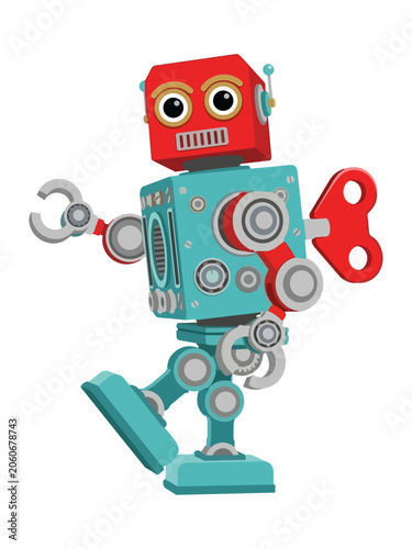 Foto A cute retro wind-up robot character waving with a claw hand, isolated on a white background