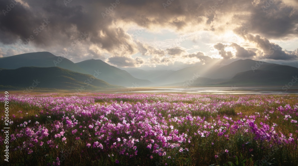 Obraz premium Breathtaking View of Vibrant Purple Flower Field Under Dramatic Clouds and Sunlight with Majestic Mountains in the Background at Dusk