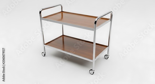 Modern two tier serving cart with wooden shelves and metal frame on wheels
