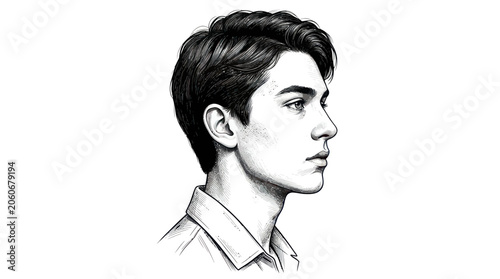 Bild auf Leinwand Young Man Portrait Sketch, Profile View, Black and White