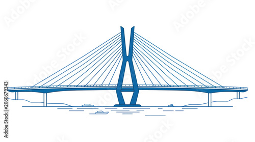 Modern Cable-Stayed Bridge Silhouette - Blue Line Art