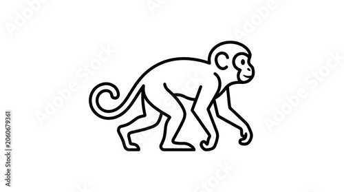 Simple Line Drawing of a Monkey Walking on White Background