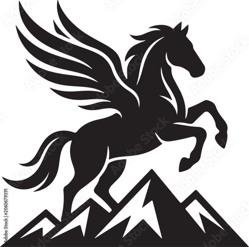Bild auf Leinwand Pegasus horse with wings standing on mountain peaks