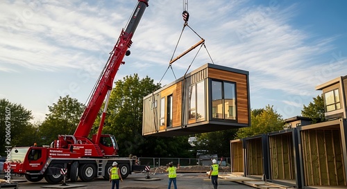 Mobile crane lifting a modular house unit at a construction site