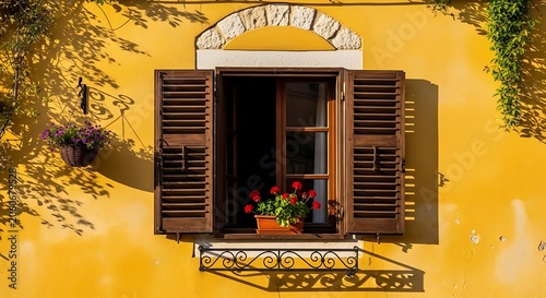 Rustic wooden window with shutters on a bright yellow wall