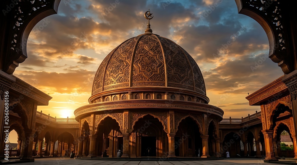 Obraz premium Ornate dome of a mosque at sunset framed by architectural arches
