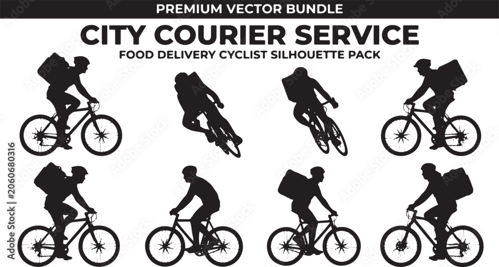 Obraz premium A collection of dynamic city courier service food delivery cyclist silhouettes for modern urban transportation applications
