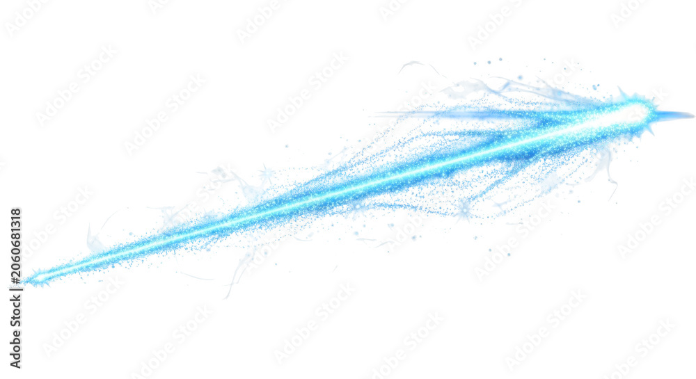 Obraz premium Bright blue light beam with glowing particles and liquid splash effects isolated on a solid black background, diagonal energy streak