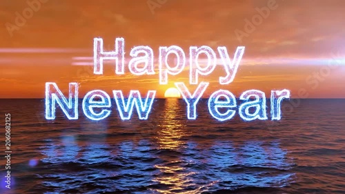 A serene ocean scene at sunset with a festive 'Happy New Year' message