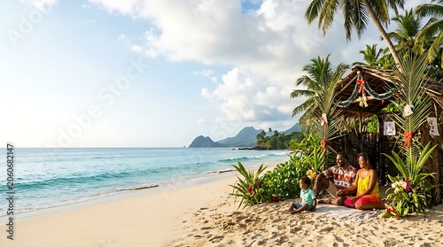 Happy family celebrating holidays on a sunny tropical beach