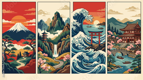 Canvastavla Four vertical panels showing traditional japanese landscapes with mount fuji a g