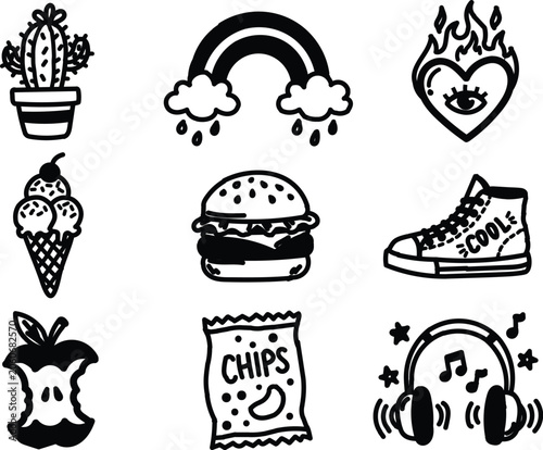 Set of handdrawn doodle icons including food, nature, and lifestyle items
