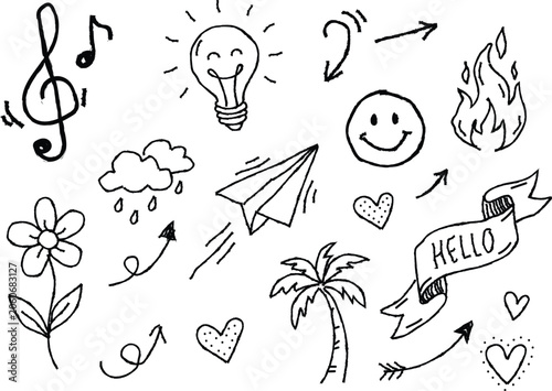 Hand drawn doodle set of various icons isolated on white background