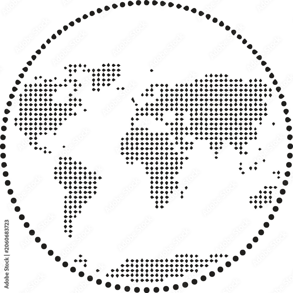 Fototapeta premium Black Dotted World Map Globe Circle Halftone Pattern Vector Icon Illustration