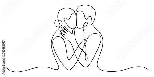 Cuadro en lienzo Continuous one line drawing of a loving couple kissing and embracing each other