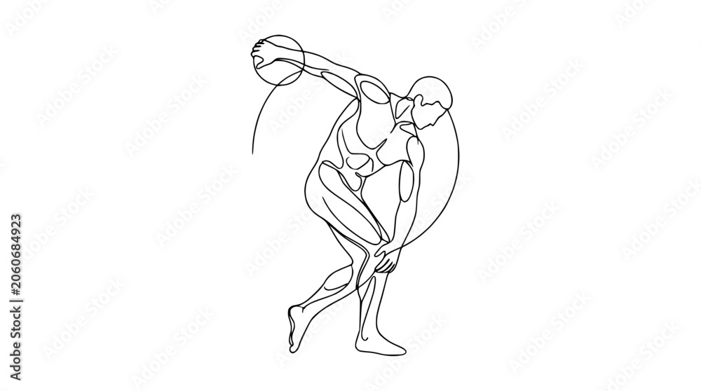 Fototapeta premium Continuous Line Drawing of a Discus Thrower in Motion, Athlete Silhouette