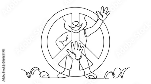 Tableau sur toile Continuous line drawing of a friendly bear character waving inside a peace sign symbol, isolated on white
