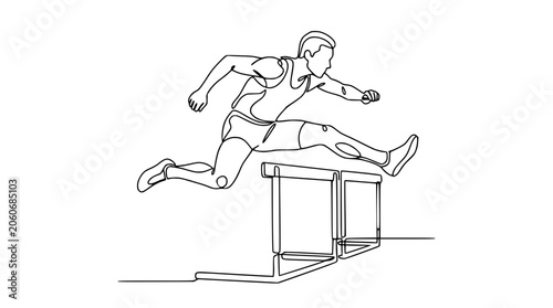 Fotografi Continuous line drawing of athlete jumping over hurdles, dynamic sports illustra
