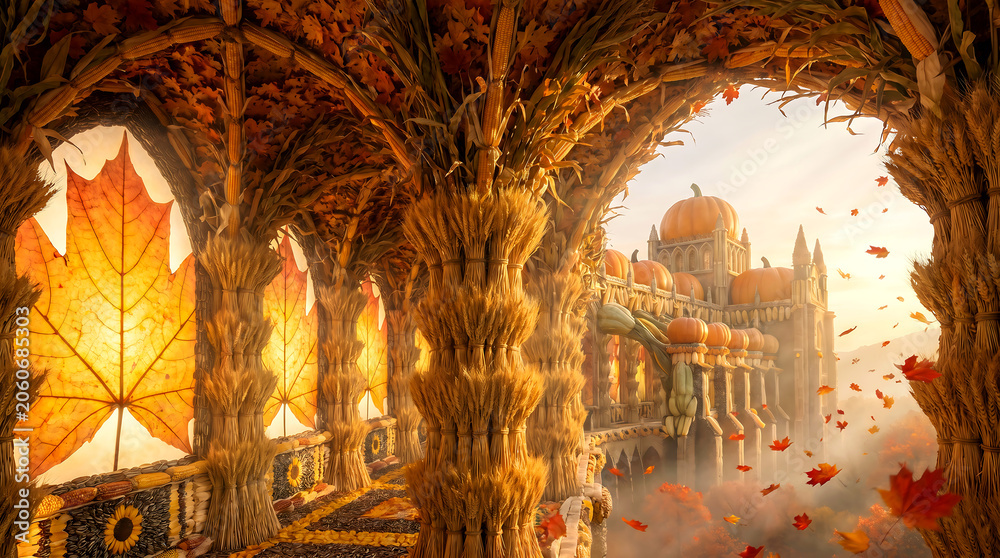 Fototapeta premium Fantasy autumn scene with archways and pumpkins in the background