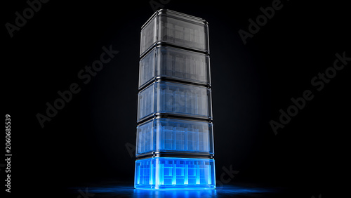 Vertical stack of transparent battery cells indicating energy storage lifecycle with vertical transparent technology lifecycle engineering innovation industrial hardware