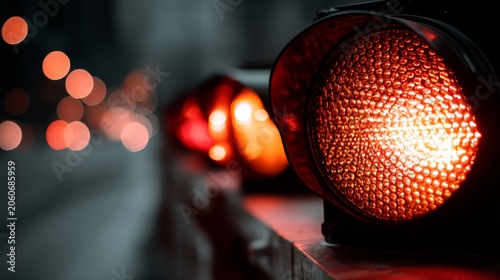 Red traffic lights illuminating the urban street at night with blurred background showcasing rush hour energy and city life atmosphere