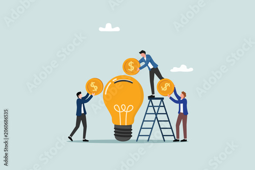 Fundraising ideas, funding new innovative projects, donations, investments to support startup idea concepts, businesspeople donate or contribute to fundraising for new light bulb projects.