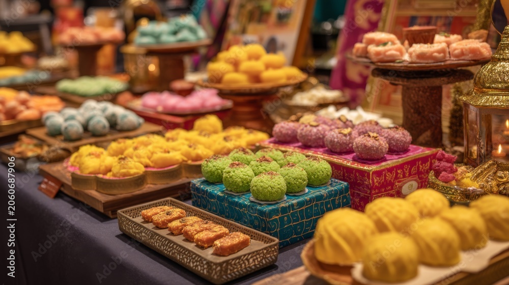 Fototapeta premium Colorful Assortment of Traditional Asian Desserts Displayed on a Festive Table with Vibrant Decorations and Exquisite Presentation