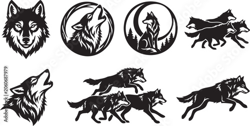 Obraz na plátně Wolf Pack Black Silhouette Vector Set Moon Collection Design