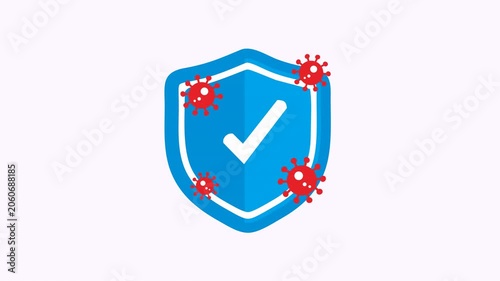 Blue shield white checkmark red viral cells safety health protection immune system. Symbolic representation for safety precautions related to health, virus protection, immune system support. 