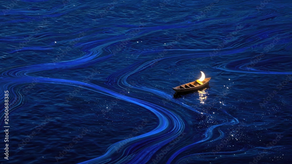Obraz premium Growth mindset meets calm focus as a glowing crescent moon drifts on starlit waters, inspiring continuous learning and visionary career development.