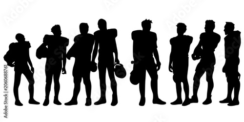 Schilderij op canvas Silhouette of American football players standing in a group holding helmets, bold black minimalist illustration perfect for sports, team, and athletic themes
