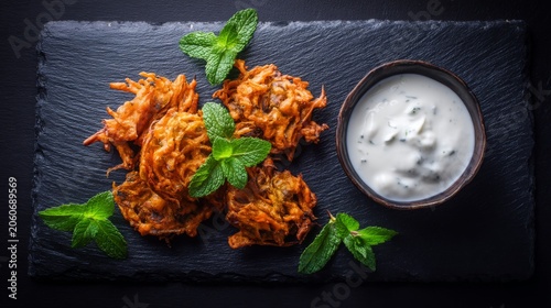 Deliciously Crispy Vegetable Fritters Served With Fresh Mint and Creamy Dip on Slate Serving Board for Gourmet Food Photography